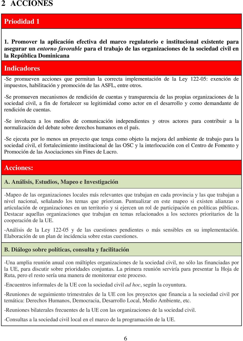 Dominicana Indicadores -Se promueven acciones que permitan la correcta implementación de la Ley 122-05: exención de impuestos, habilitación y promoción de las ASFL, entre otros.