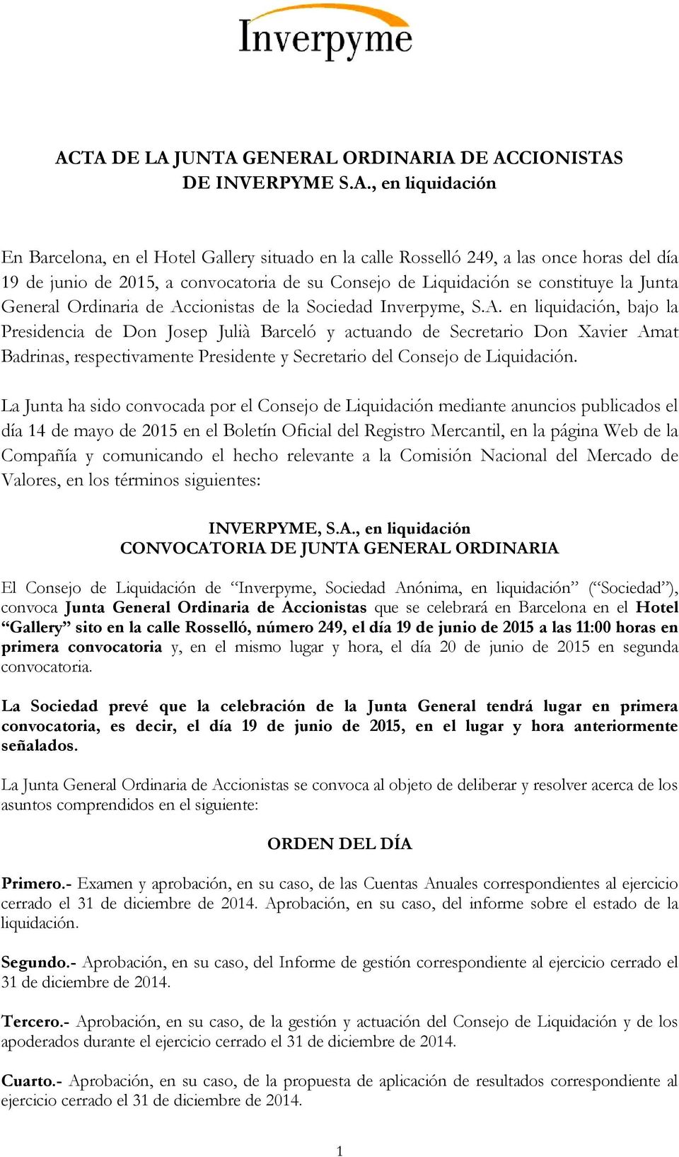 Acta De La Junta General Ordinaria De Accionistas De Inverpyme