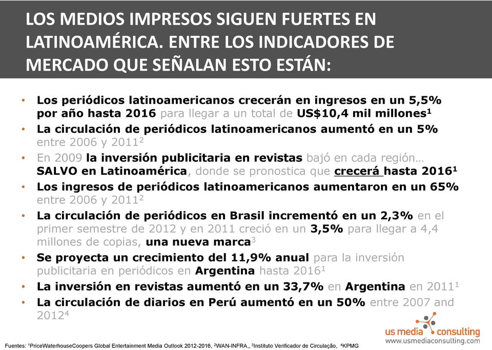 circulación de periódicos latinoamericanos aumentó en un 5% entre 2006 y 2011 2 En 2009 la inversión publicitaria en revistas bajó en cada región SALVO en Latinoamérica, donde se pronostica que