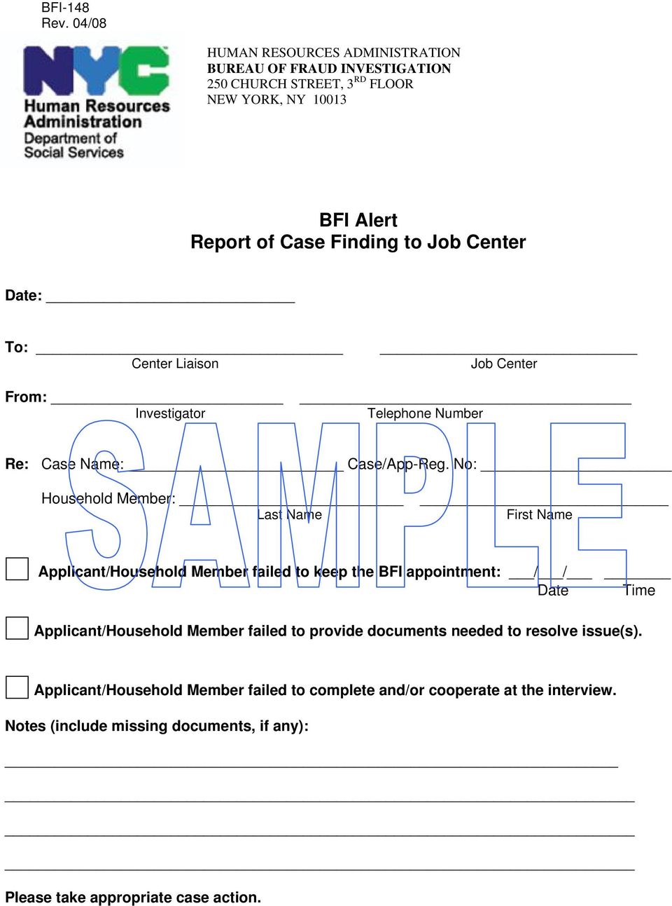 Center Date: To: Center Liaison Job Center From: Investigator Telephone Number Re: Case Name: Case/App-Reg.