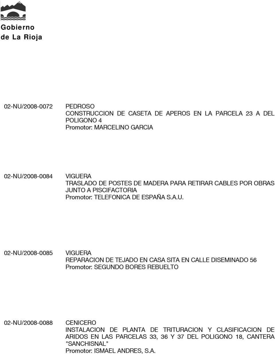 02-NU/2008-0085 VIGUERA REPARACION DE TEJADO EN CASA SITA EN CALLE DISEMINADO 56 Promotor: SEGUNDO BORES REBUELTO 02-NU/2008-0088 CENICERO