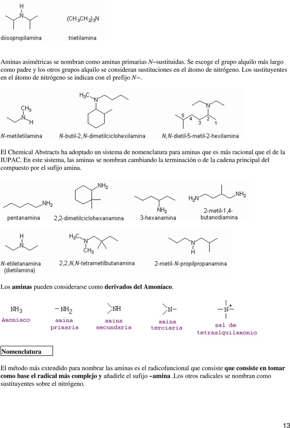En este sistema, las aminas se nombran cambiando la terminación o de la cadena principal del compuesto por el sufijo amina. Los aminas pueden considerarse como derivados del Amoníaco.