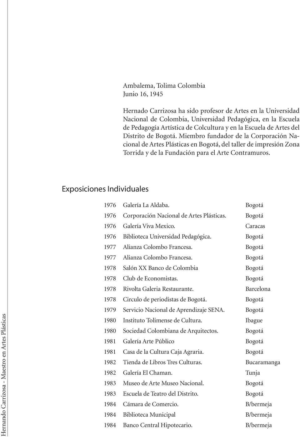 Exposiciones Individuales Galería La Aldaba. Corporación Nacional de Artes Plásticas. Galería Viva Mexico. Caracas Biblioteca Universidad Pedagógica. Alianza Colombo Francesa.