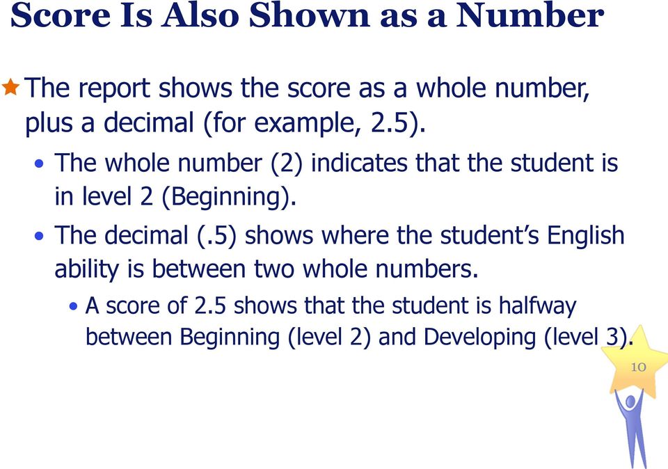The decimal (.5) shows where the student s English ability is between two whole numbers.