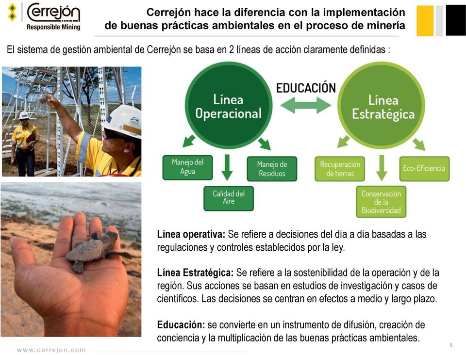 Línea Estratégica: Se refiere a la sostenibilidad de la operación y de la región. Sus acciones se basan en estudios de investigación y casos de científicos.