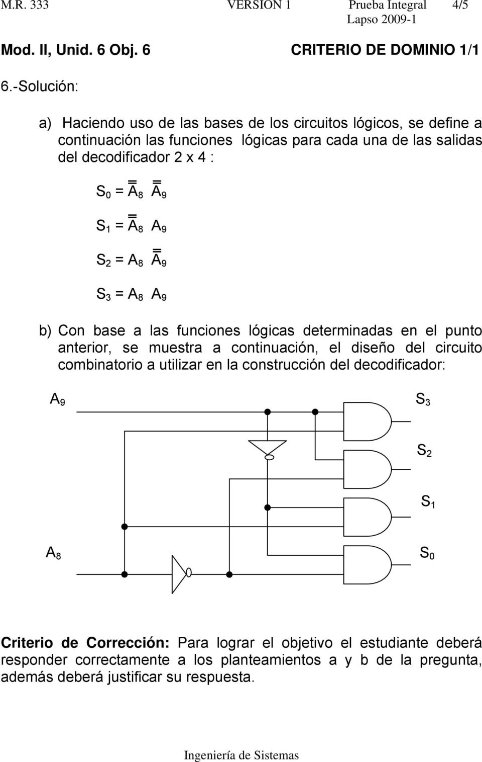 A 8 A 9 S 1 = A 8 A 9 S 2 = A 8 A 9 S 3 = A 8 A 9 b) Con base a las funciones lógicas determinadas en el punto anterior, se muestra a continuación, el diseño del circuito