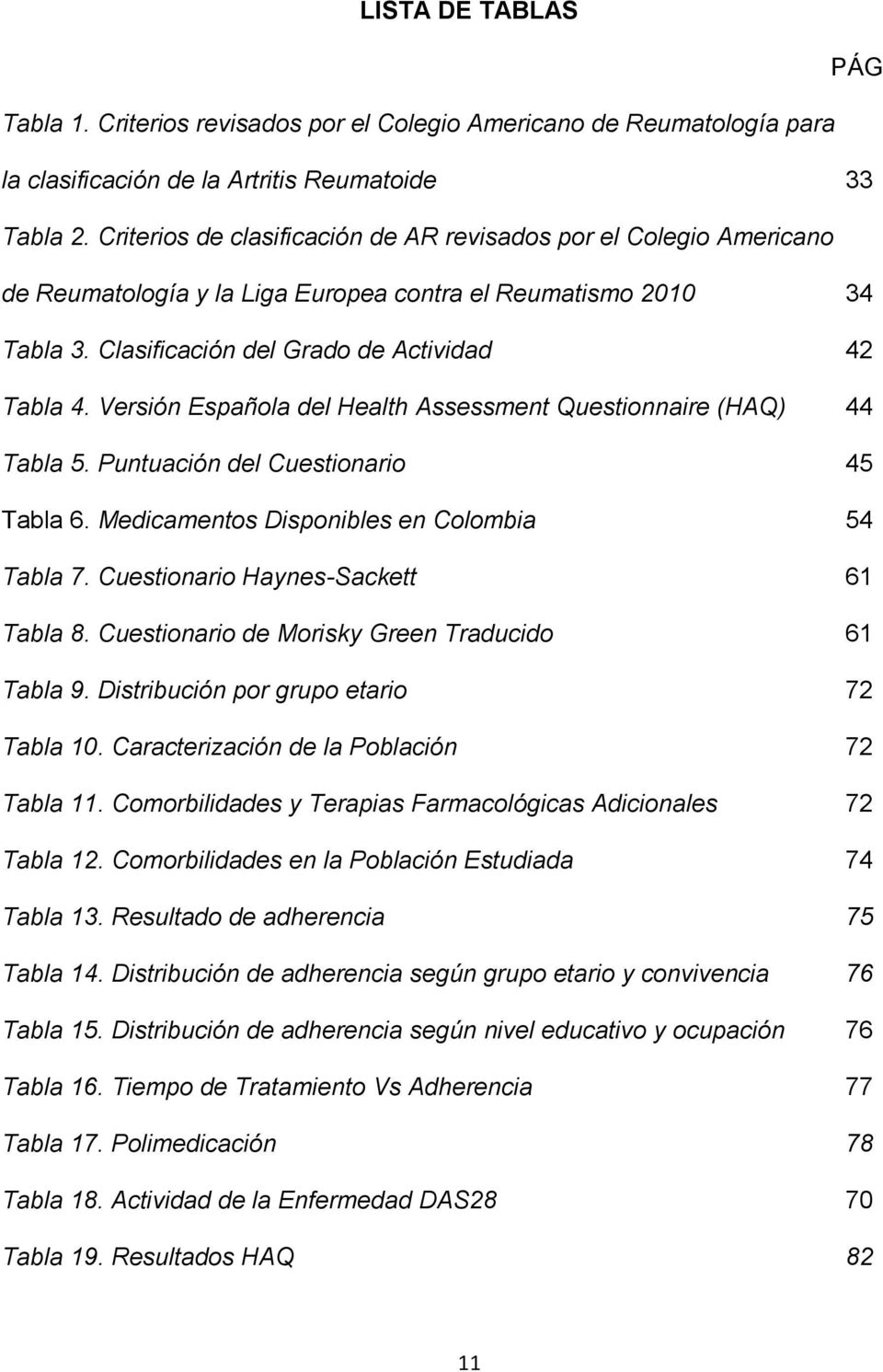 Versión Española del Health Assessment Questionnaire (HAQ) 44 Tabla 5. Puntuación del Cuestionario 45 Tabla 6. Medicamentos Disponibles en Colombia 54 Tabla 7. Cuestionario Haynes-Sackett 61 Tabla 8.