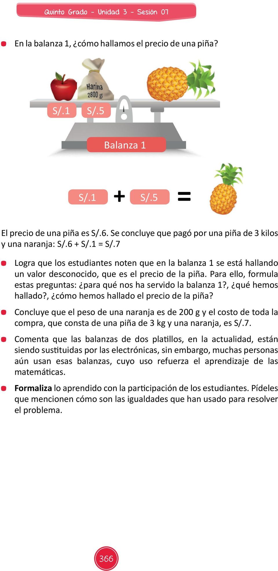 , qué hemos hallado?, cómo hemos hallado el precio de la piña? Concluye que el peso de una naranja es de 200 g y el costo de toda la compra, que consta de una piña de 3 kg y una naranja, es S/.7.