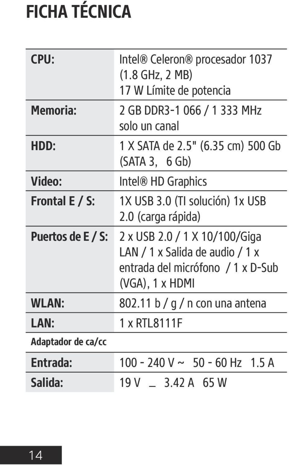 35 cm) 500 Gb (SATA 3, 6 Gb) Video: Intel HD Graphics Frontal E / S: 1X USB 3.0 (TI solución) 1x USB 2.