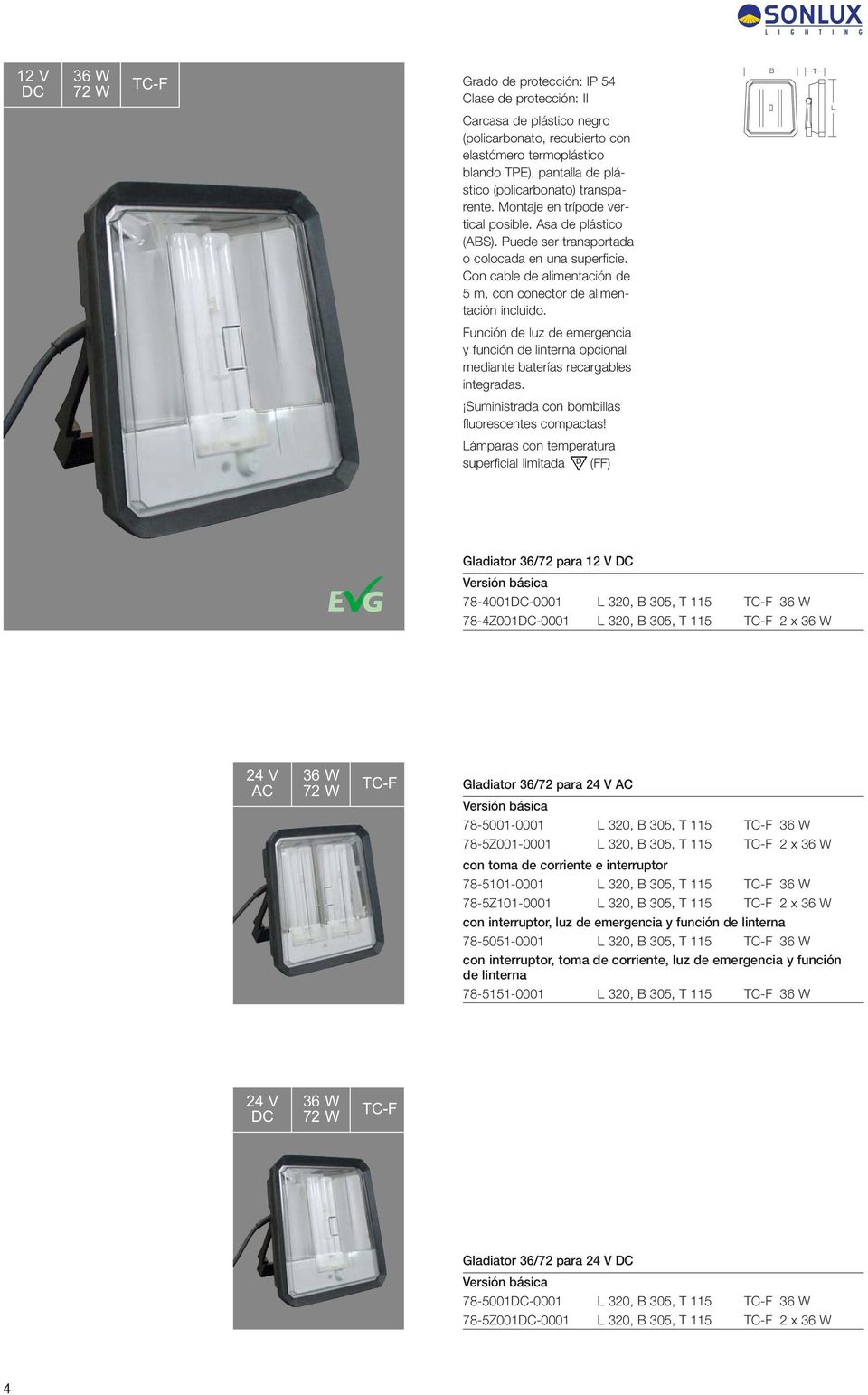 Con cable de alimentación de 5 m, con conector de alimentación incluido. B T L Función de luz de emergencia y función de linterna opcional mediante baterías recargables integradas.