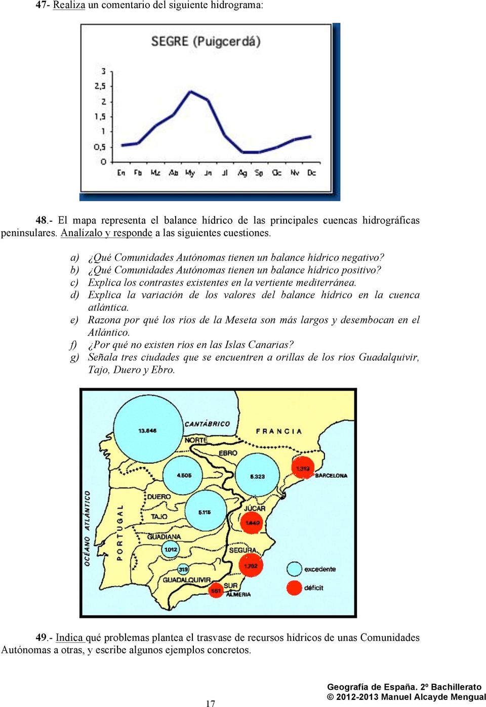 d) Explica la variación de los valores del balance hídrico en la cuenca atlántica. e) Razona por qué los ríos de la Meseta son más largos y desembocan en el Atlántico.