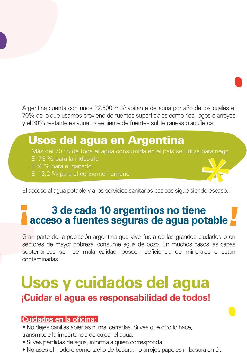 acuíferos. Usos del agua en Argentina. Más del 70 % de toda el agua consumida en el país se utiliza para riego. El 7,3 % para la industria. El 9 % para el ganado.
