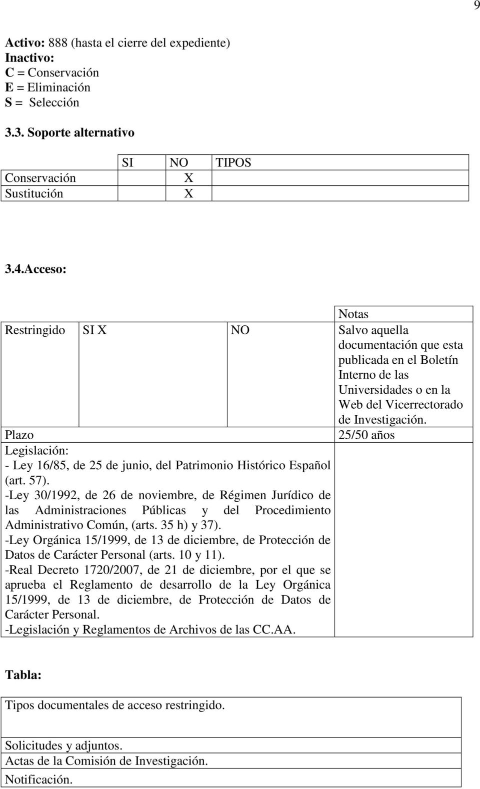 Plazo 25/50 años Legislación: - Ley 16/85, de 25 de junio, del Patrimonio Histórico Español (art. 57).