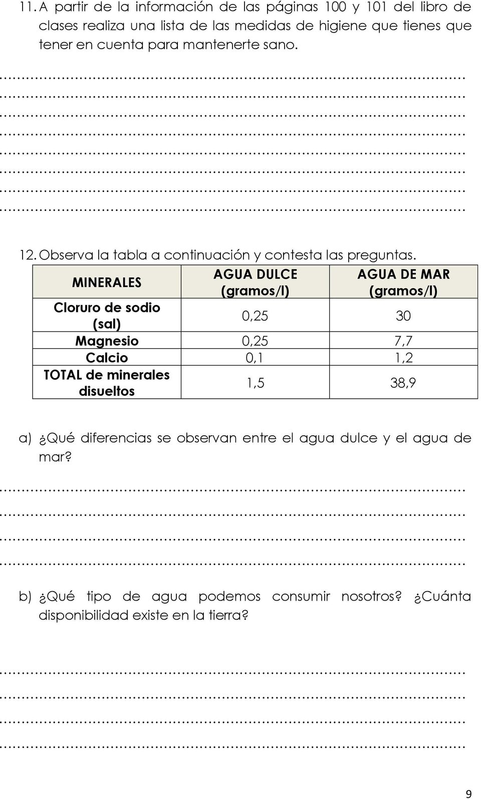 MINERALES Cloruro de sodio (sal) AGUA DULCE (gramos/l) AGUA DE MAR (gramos/l) 0,5 30 Magnesio 0,5 7,7 Calcio 0,1 1, TOTAL de minerales
