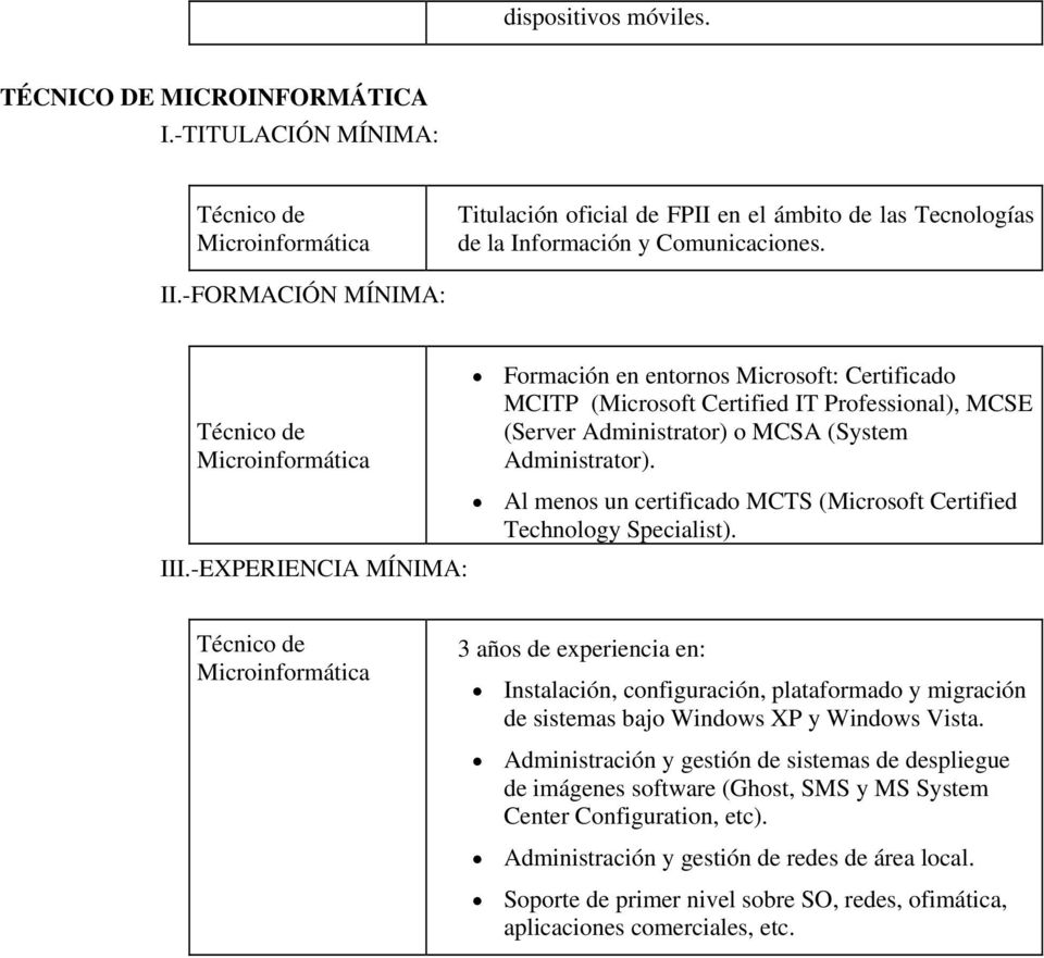Al menos un certificado MCTS (Microsoft Certified Technology Specialist). III.