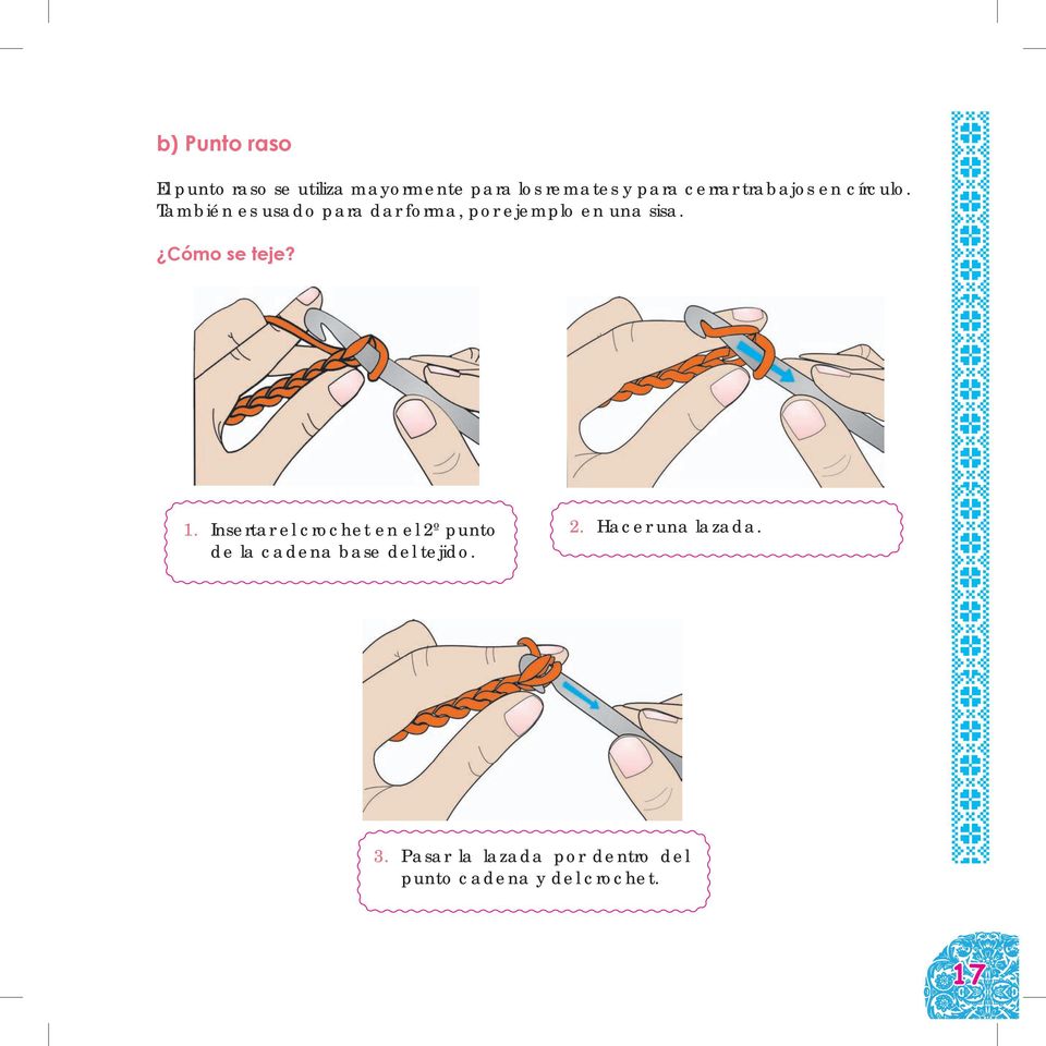 Cómo se teje? 1. Insertar el crochet en el 2º punto de la cadena base del tejido.
