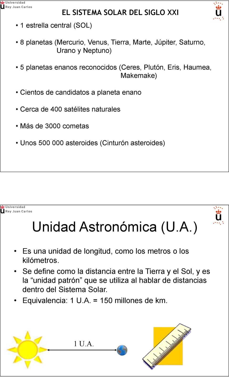 000 asteroides (Cinturón asteroides) Unidad Astronómica (U.A.) Es una unidad de longitud, como los metros o los kilómetros.