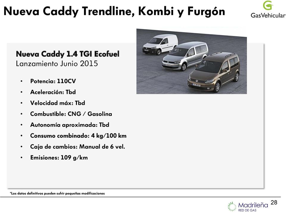 Tbd Combustible: CNG / Gasolina Autonomía aproximada: Tbd Consumo combinado: 4 kg/100