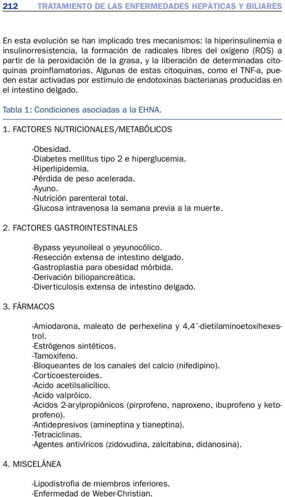 Algunas de estas citoquinas, como el TNF-a, pueden estar activadas por estímulo de endotoxinas bacterianas producidas en el intestino delgado. Tabla 1: Condiciones asociadas a la EHNA. 1. FACTORES NUTRICIONALES/METABÓLICOS -Obesidad.