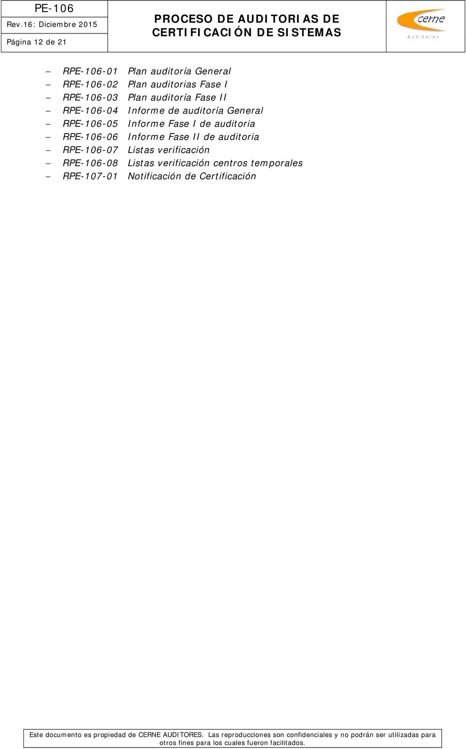 Informe Fase I de auditoria RPE-106-06 Informe Fase II de auditoria RPE-106-07 Listas