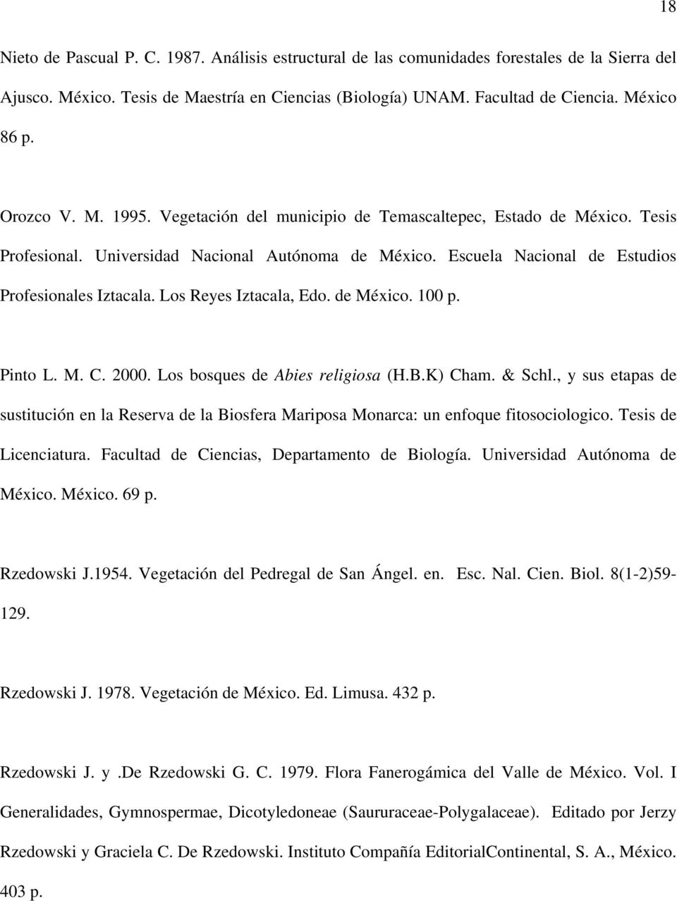 Los Reyes Iztacala, Edo. de México. 100 p. Pinto L. M. C. 2000. Los bosques de Abies religiosa (H.B.K) Cham. & Schl.