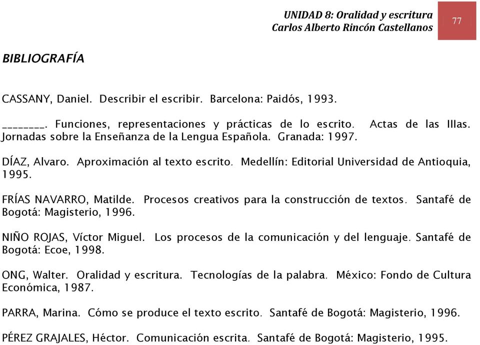 Procesos creativos para la construcción de textos. Santafé de Bogotá: Magisterio, 1996. NIÑO ROJAS, Víctor Miguel. Los procesos de la comunicación y del lenguaje. Santafé de Bogotá: Ecoe, 1998.
