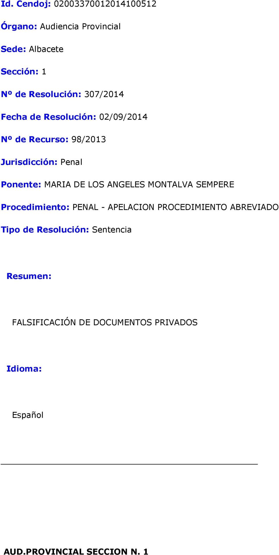 Ponente: MARIA DE LOS ANGELES MONTALVA SEMPERE Procedimiento: PENAL - APELACION PROCEDIMIENTO ABREVIADO