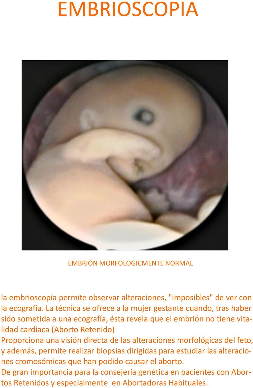 Retenido) Proporciona una visión directa de las alteraciones morfológicas del feto, y además, permite realizar biopsias dirigidas para estudiar las