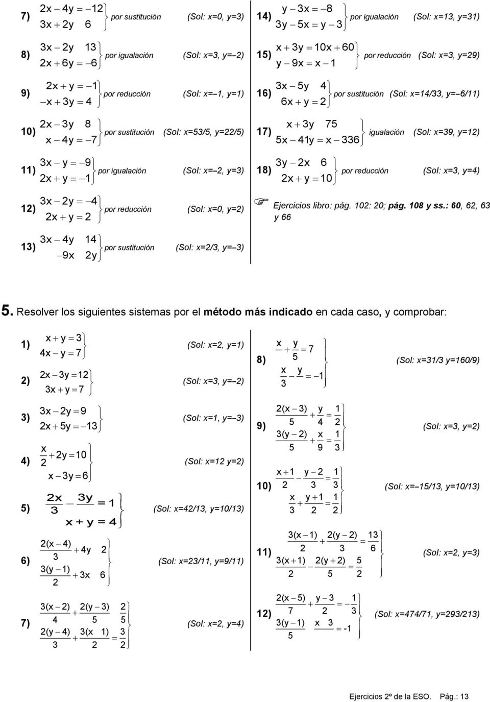 igualación (Sol: x=-, y=) 18) y x 6 x y 10 por reducción (Sol: x=, y=) 1) x y x y por reducción (Sol: x=0, y=) Ejercicios libro: pág. 10: 0; pág. 108 y ss.