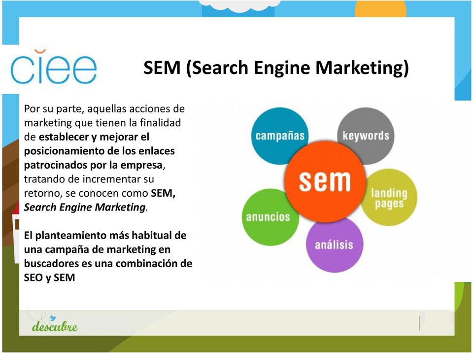 empresa, tratando de incrementar su retorno, se conocen como SEM, Search Engine Marketing.
