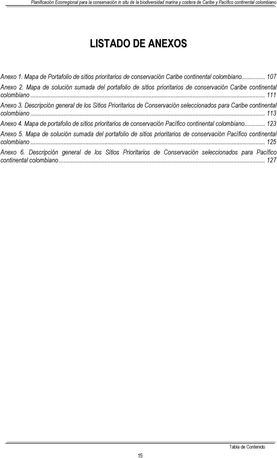 Descripción general de los Sitios Prioritarios de Conservación seleccionados para Caribe continental colombiano... 113 Anexo 4.
