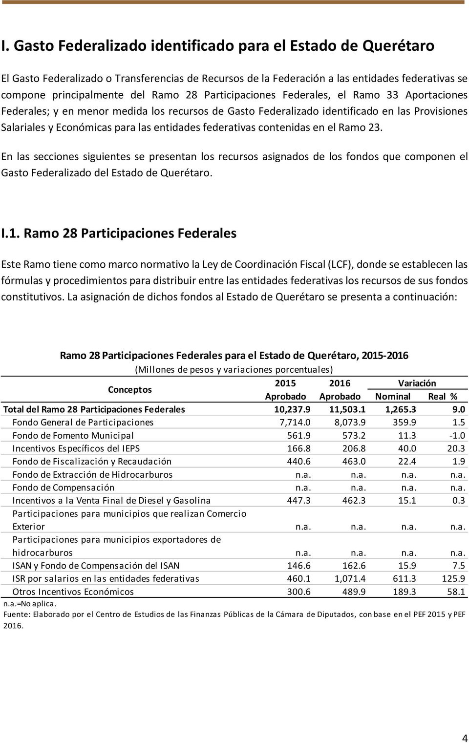 federativas contenidas en el Ramo 23. En las secciones siguientes se presentan los recursos asignados de los fondos que componen el Gasto Federalizado del Estado de Querétaro. I.1.
