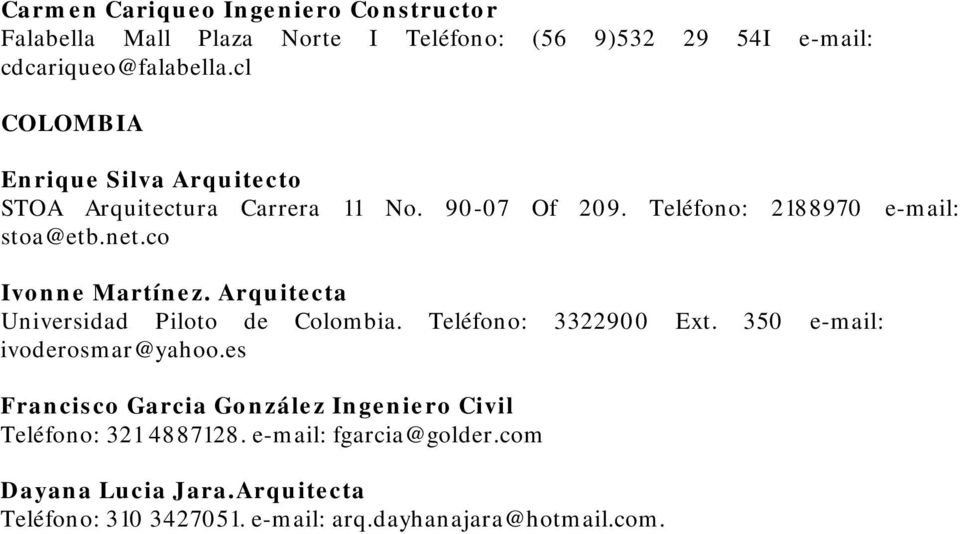 co Ivonne Martínez. Arquitecta Universidad Piloto de Colombia. Teléfono: 3322900 Ext. 350 e-mail: ivoderosmar@yahoo.