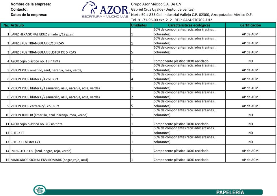 Artículo Unidades Características ecológicas Certificación 1 LAPIZ HEXAGONAL EKUZ afilado c/12 pzas 1 60% de componentes reciclados (resinas, colorantes) AP de ACMI 2 LAPIZ EKUZ TRIANGULAR C/10 PZAS