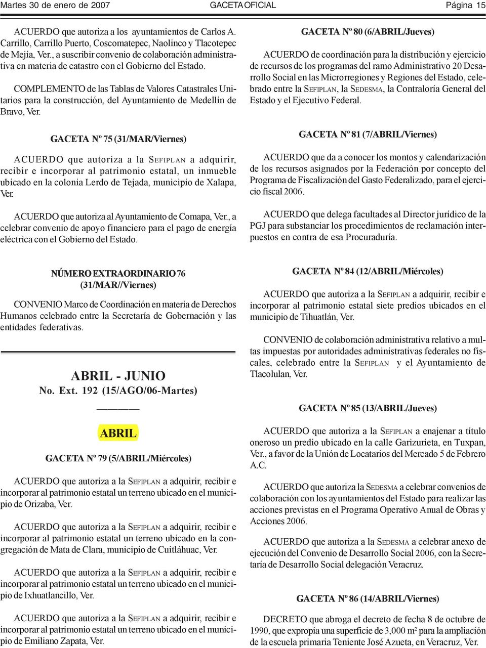 COMPLEMENTO de las Tablas de Valores Catastrales Unitarios para la construcción, del Ayuntamiento de Medellín de Bravo, Ver.