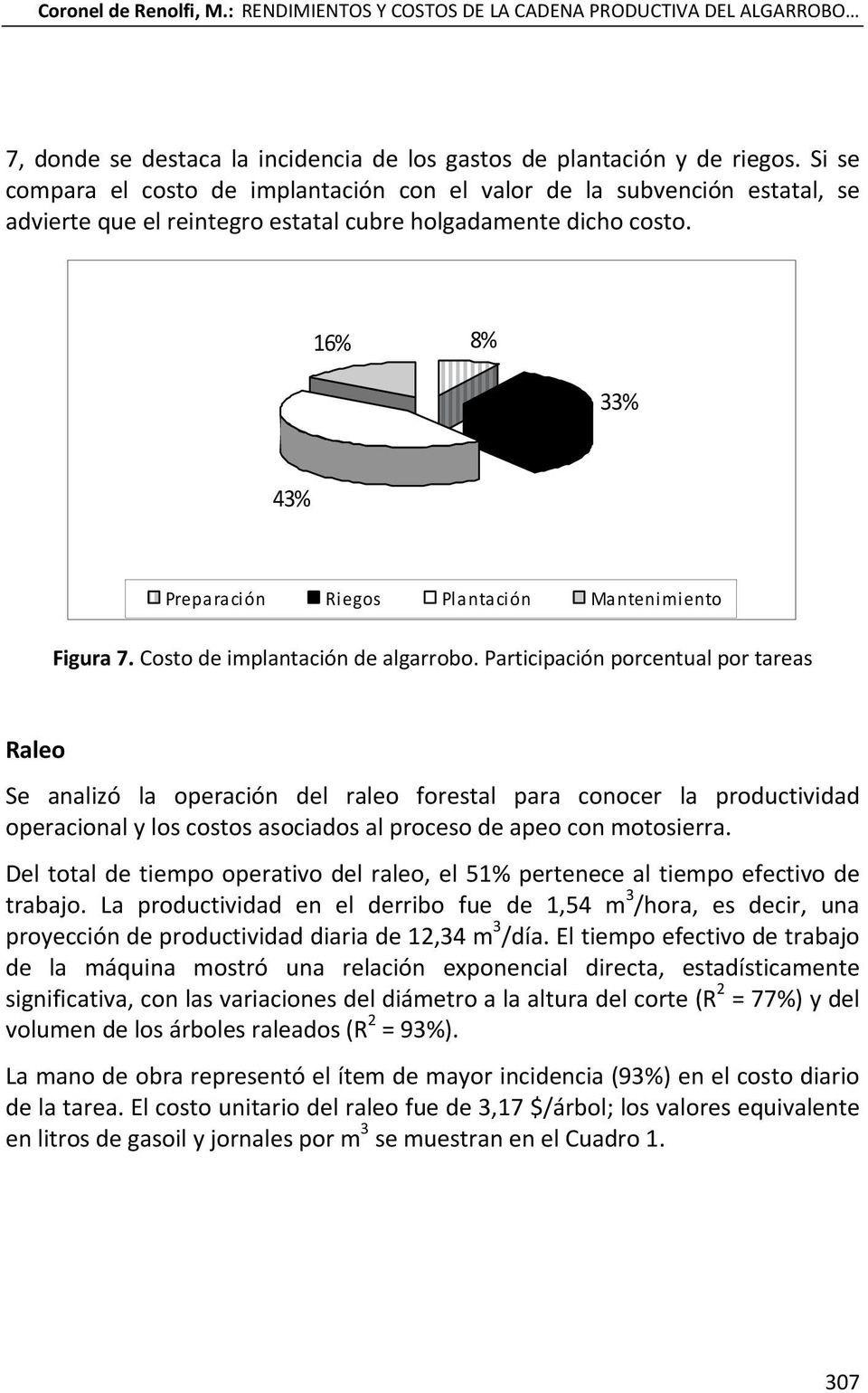 16% 8% 33% 43% Preparación Riegos Plantación Mantenimiento Figura 7. Costo de implantación de algarrobo.