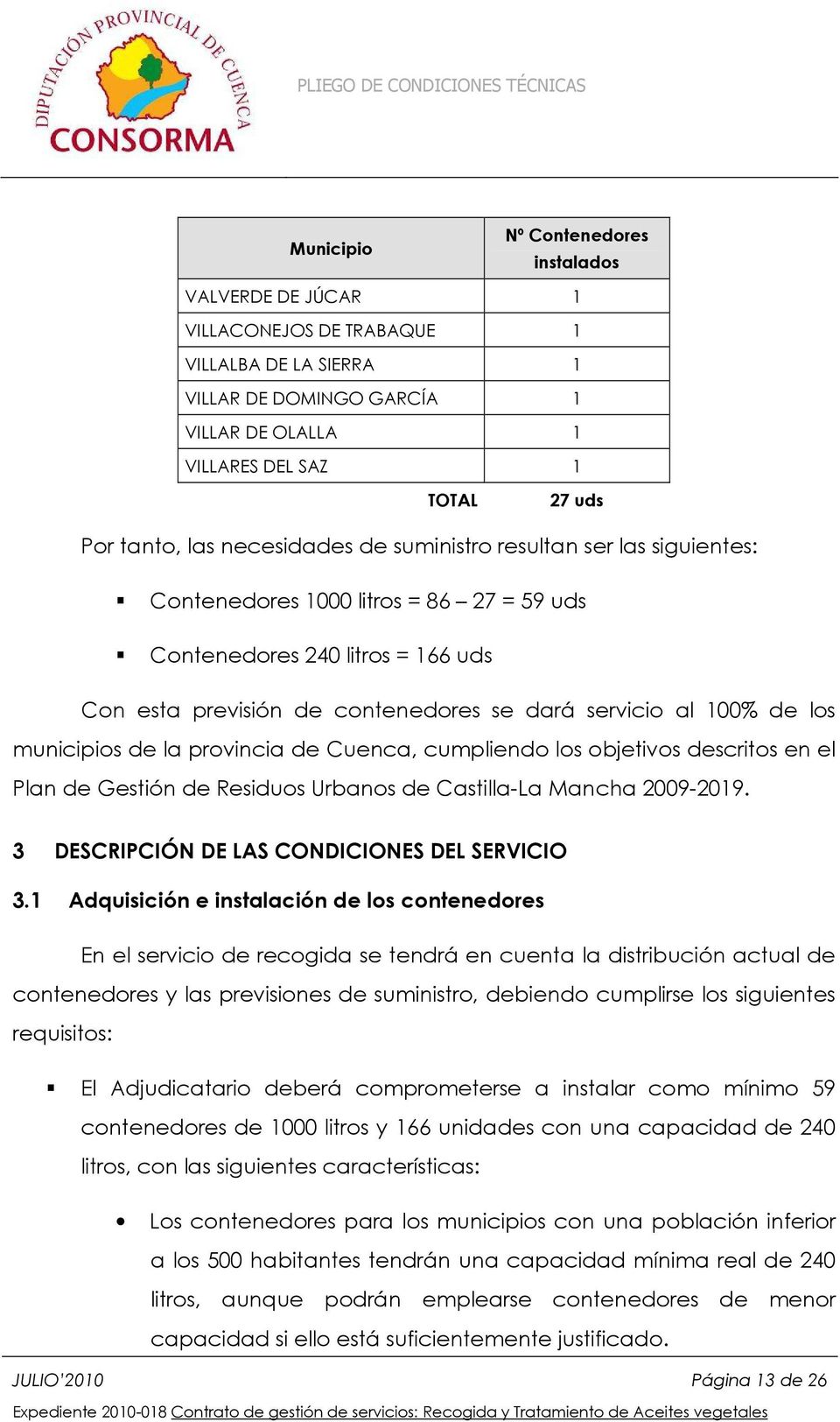 los municipios de la provincia de Cuenca, cumpliendo los objetivos descritos en el Plan de Gestión de Residuos Urbanos de Castilla-La Mancha 2009-2019. 3 DESCRIPCIÓN DE LAS CONDICIONES DEL SERVICIO 3.
