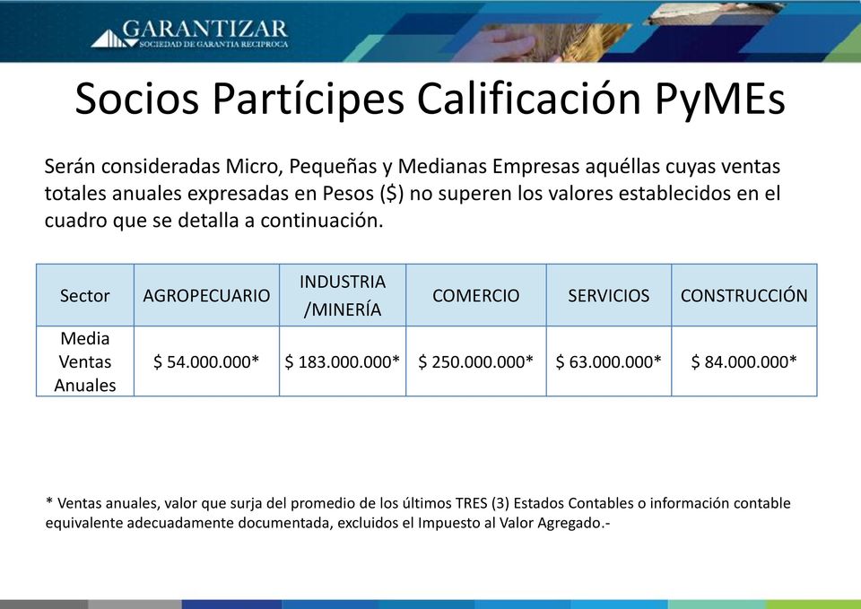 Sector Media Ventas Anuales INDUSTRIA AGROPECUARIO COMERCIO SERVICIOS CONSTRUCCIÓN /MINERÍA $ 54.000.000* $ 183.000.000* $ 250.000.000* $ 63.000.000* $ 84.