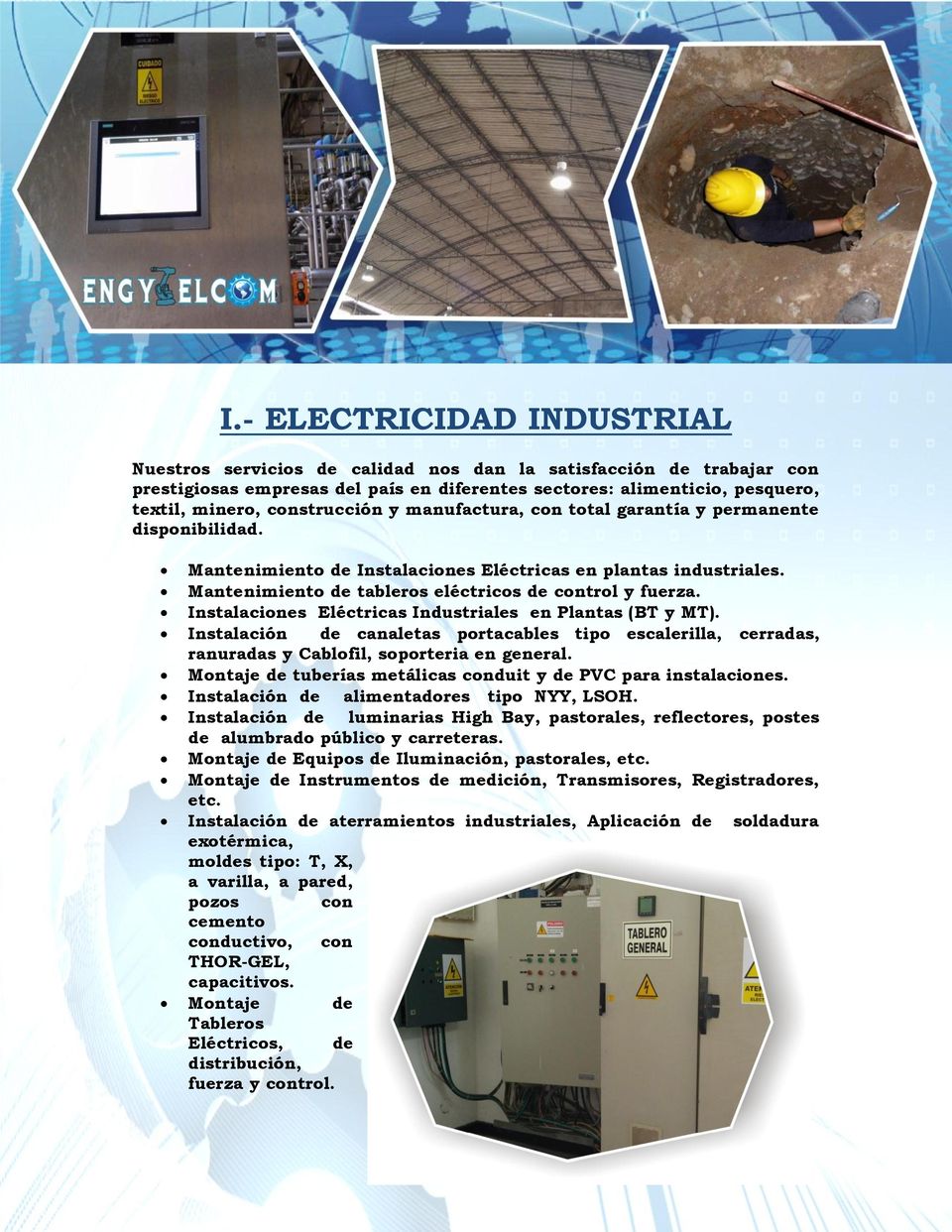 Instalaciones Eléctricas Industriales en Plantas (BT y MT). Instalación de canaletas portacables tipo escalerilla, cerradas, ranuradas y Cablofil, soporteria en general.