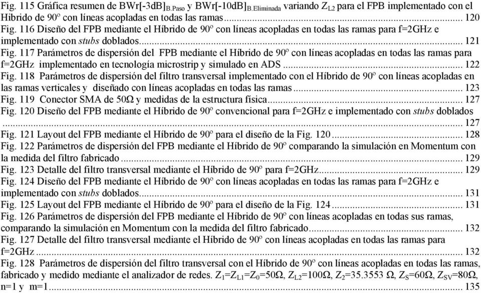 117 Parámetros de dispersión del FPB mediante el Híbrido de 9º con líneas acopladas en todas las ramas para f=2ghz implementado en tecnología microstrip y simulado en ADS... 122 Fig.