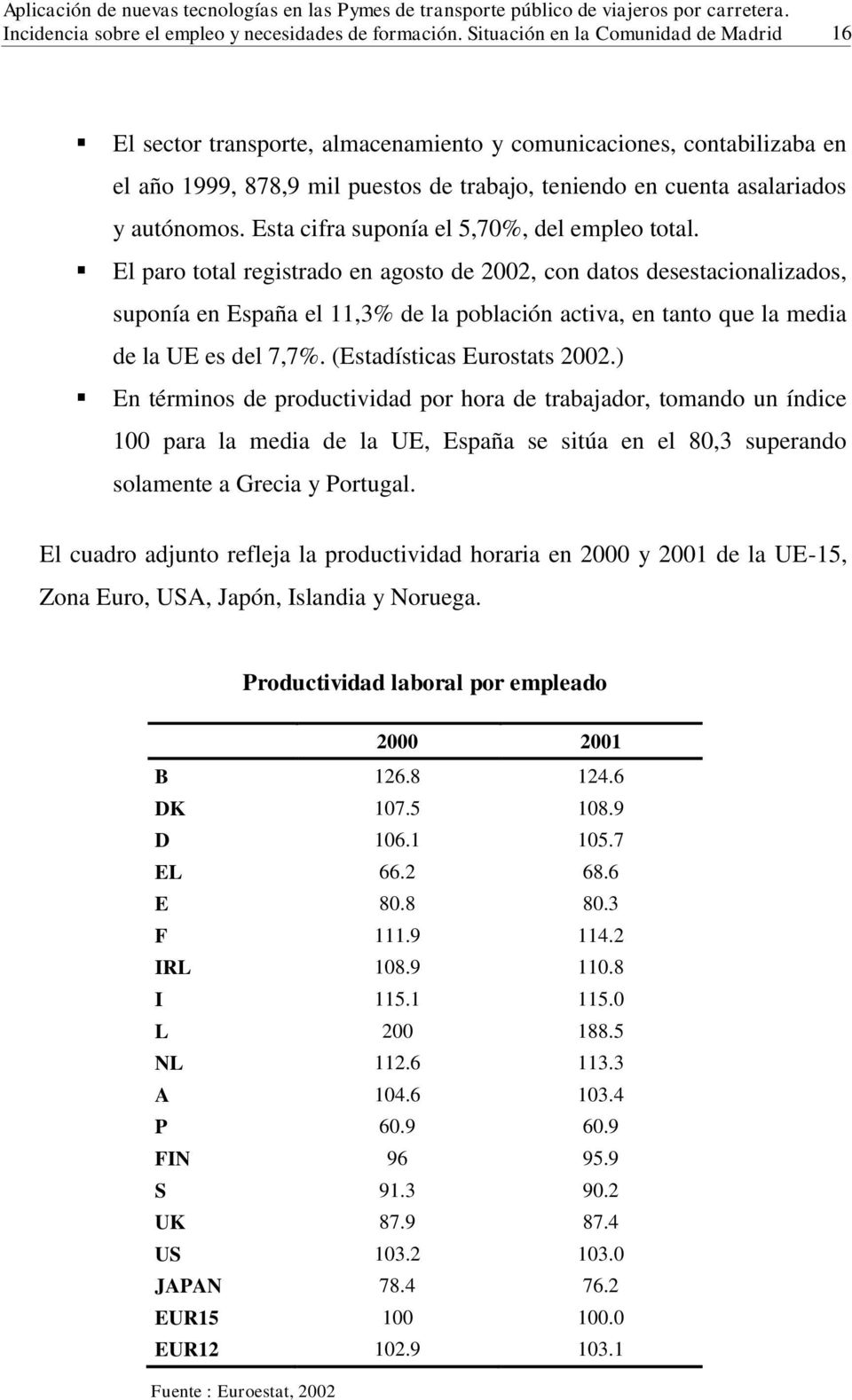 El paro total registrado en agosto de 2002, con datos desestacionalizados, suponía en España el 11,3% de la población activa, en tanto que la media de la UE es del 7,7%. (Estadísticas Eurostats 2002.