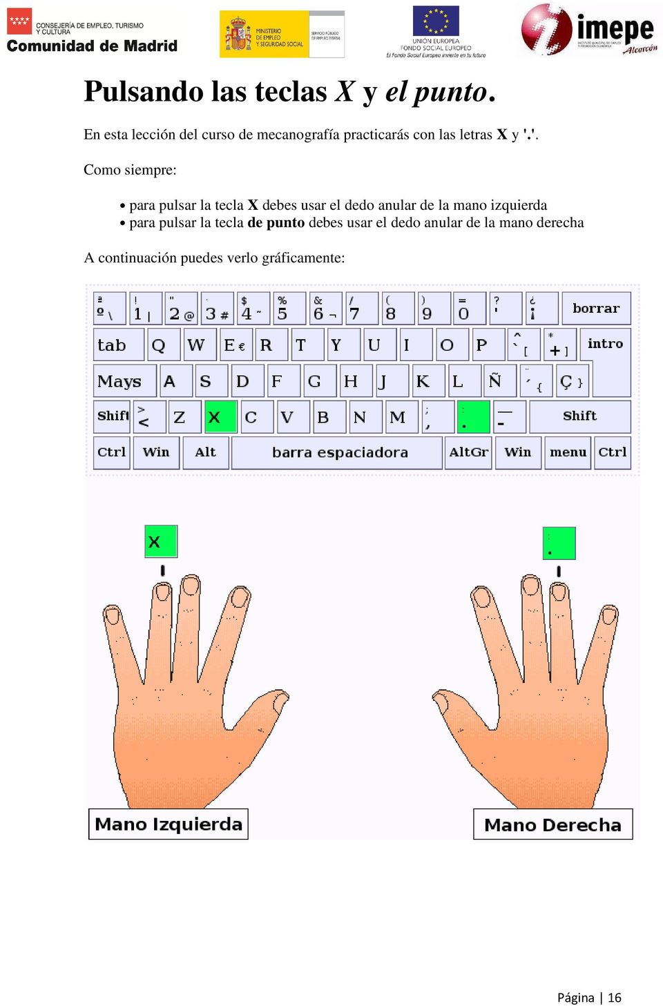 '. Como siempre: para pulsar la tecla X debes usar el dedo anular de la mano