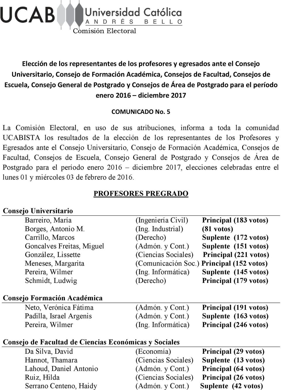 5 La Comisión Electoral, en uso de sus atribuciones, informa a toda la comunidad UCABISTA los resultados de la elección de los representantes de los Profesores y Egresados ante el Consejo