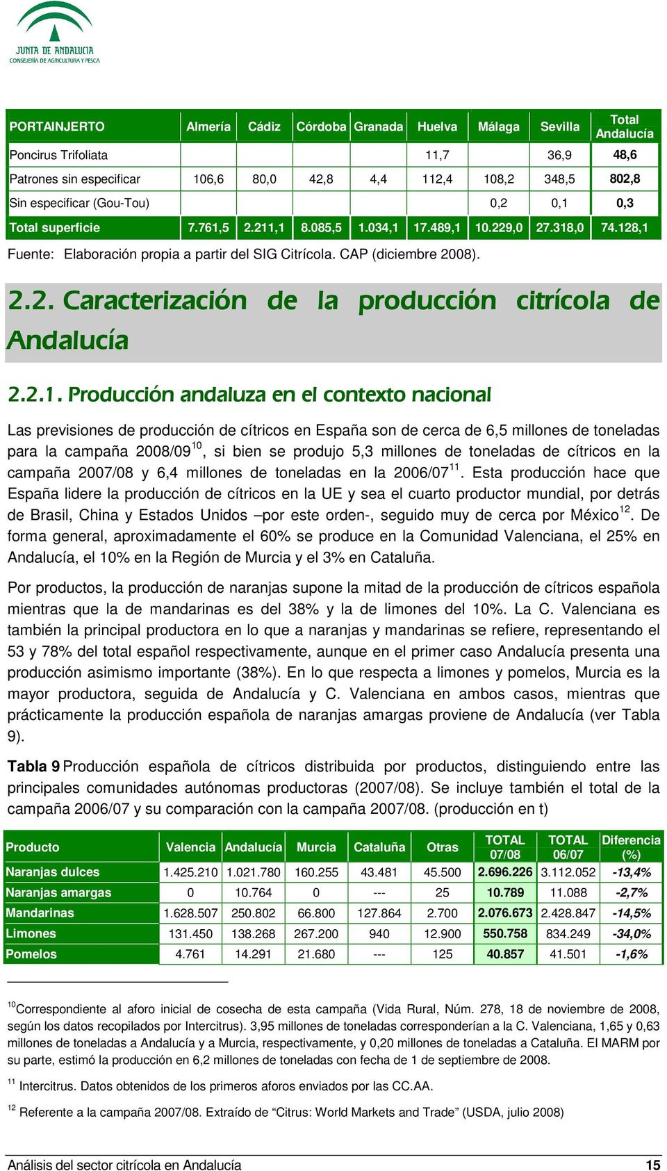 2.1. Producción andaluza en el contexto nacional Las previsiones de producción de cítricos en España son de cerca de 6,5 millones de toneladas para la campaña 2008/09 10, si bien se produjo 5,3