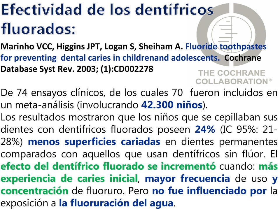 Los resultados mostraron que los niños que se cepillaban sus dientes con dentífricos fluorados poseen 24% (IC 95%: 21-28%) menos superficies cariadas en dientes permanentes