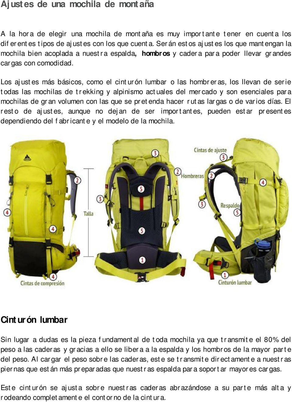 Los ajustes más básicos, como el cinturón lumbar o las hombreras, los llevan de serie todas las mochilas de trekking y alpinismo actuales del mercado y son esenciales para mochilas de gran volumen