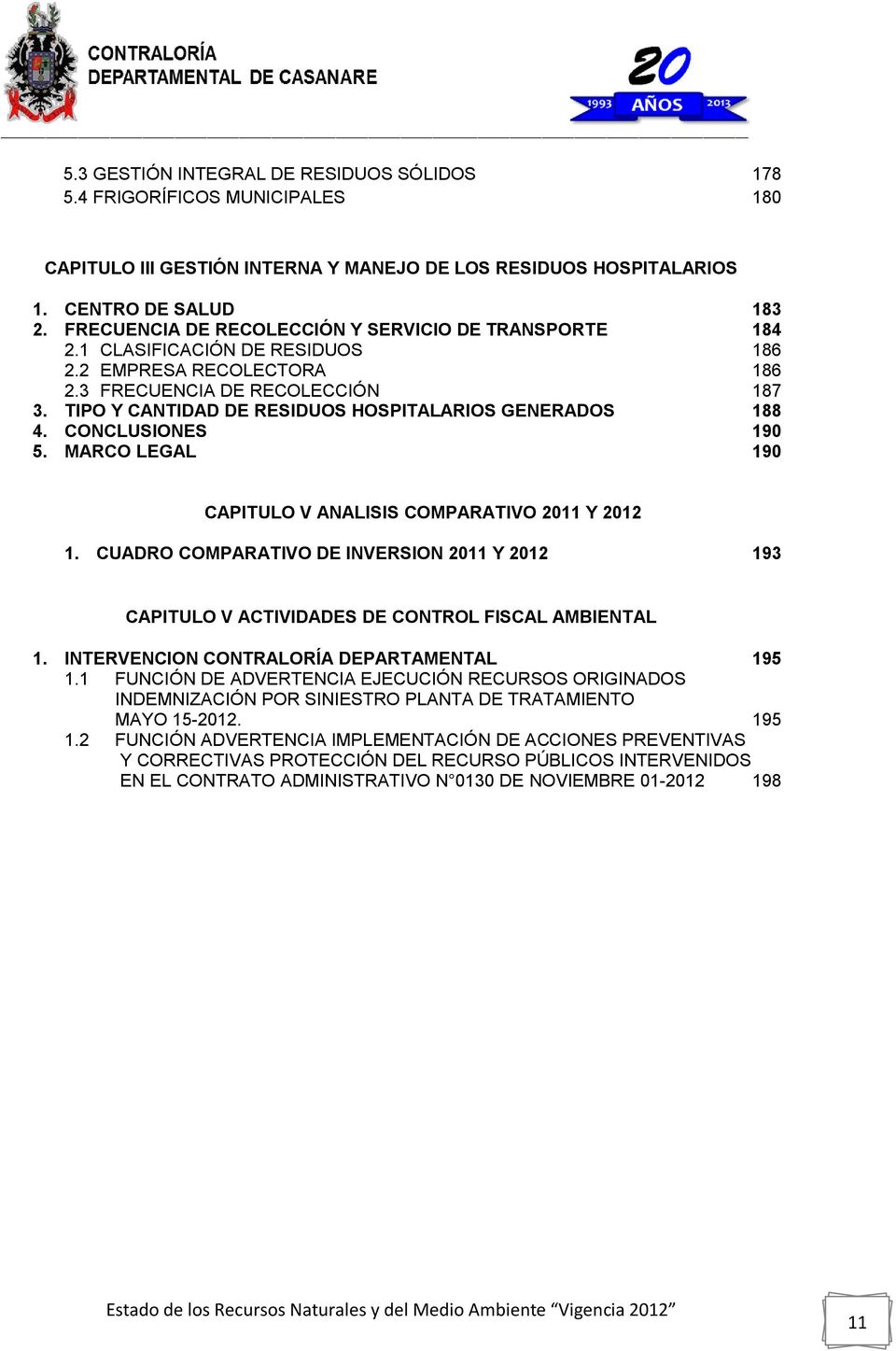 TIPO Y CANTIDAD DE RESIDUOS HOSPITALARIOS GENERADOS 188 4. CONCLUSIONES 190 5. MARCO LEGAL 190 CAPITULO V ANALISIS COMPARATIVO 2011 Y 2012 1.