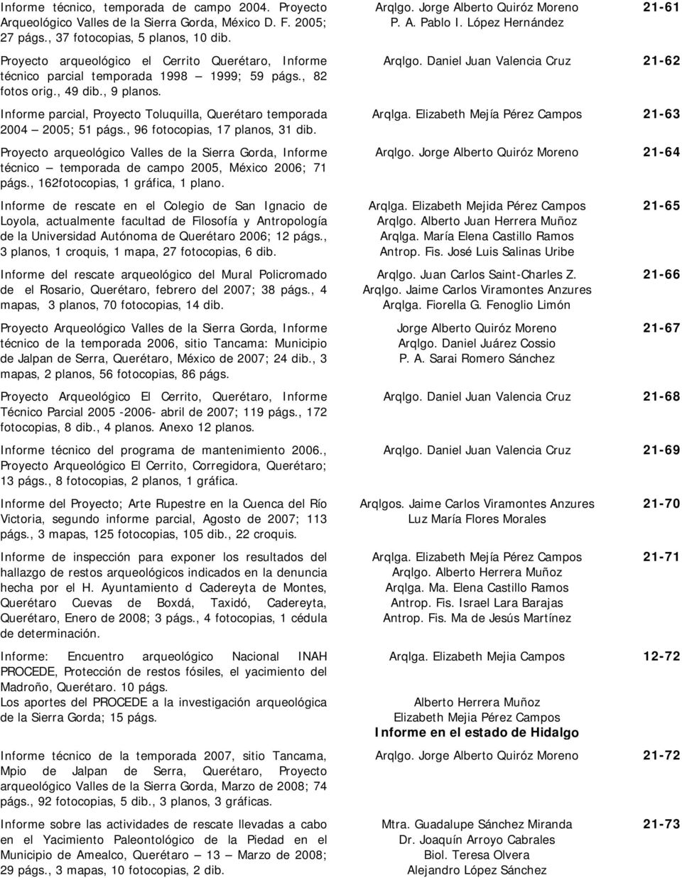 Informe parcial, Proyecto Toluquilla, Querétaro temporada 2004 2005; 51 págs., 96 fotocopias, 17 planos, 31 dib.