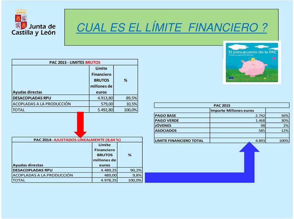 492,80 100,0% PAC 2014- AJUSTADOS LINEALMENTE (8,64 %) Límite Financiero BRUTOS % millones de Ayudas directas euros DESACOPLADAS RPU 4.