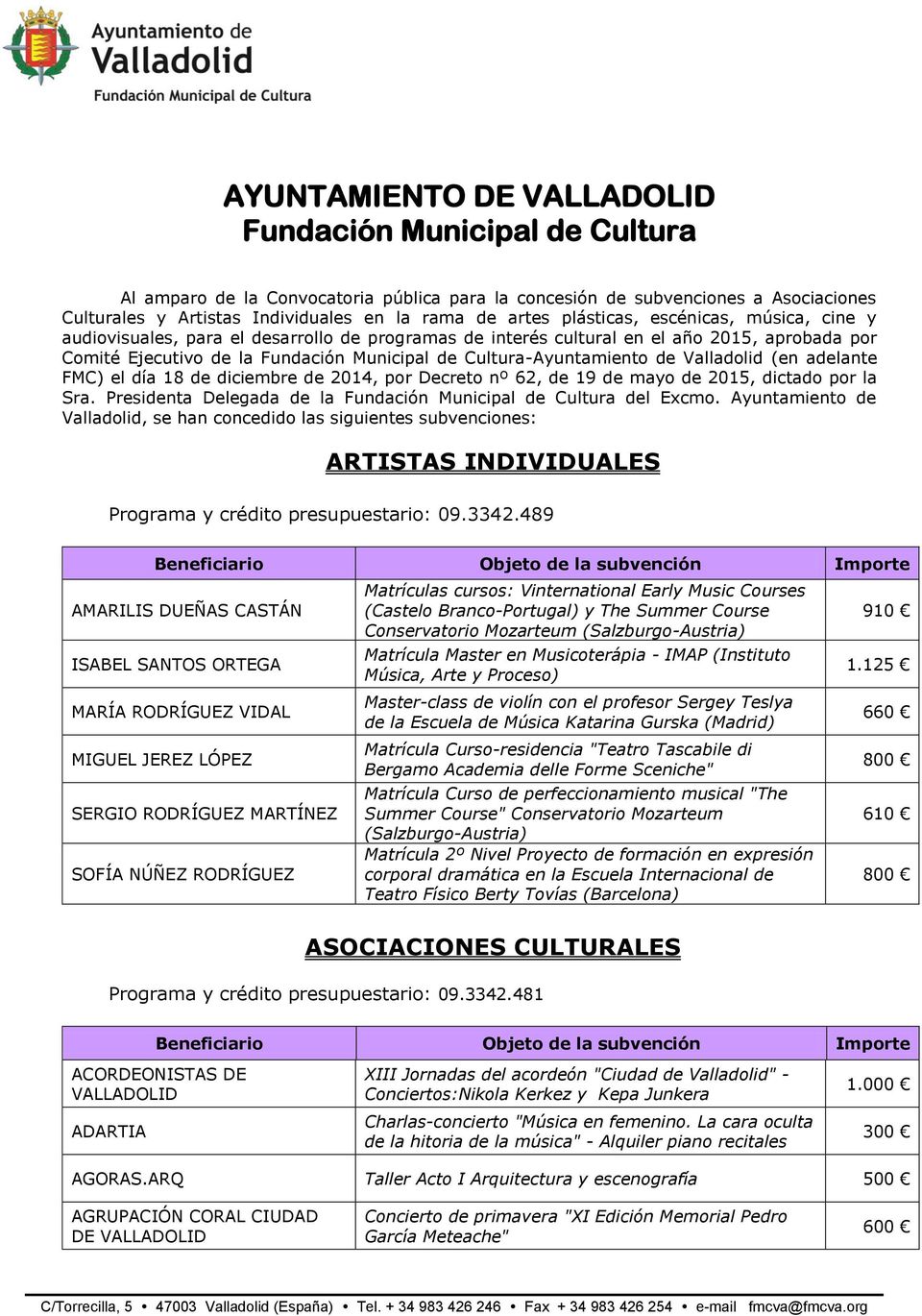 Valladolid (en adelante FMC) el día 18 de diciembre de 2014, por Decreto nº 62, de 19 de mayo de 2015, dictado por la Sra. Presidenta Delegada de la Fundación Municipal de Cultura del Excmo.